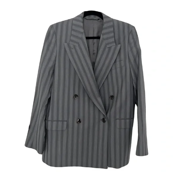 Acne Studios Janny Double Breasted Grey Striped Wool Blazer, size 33